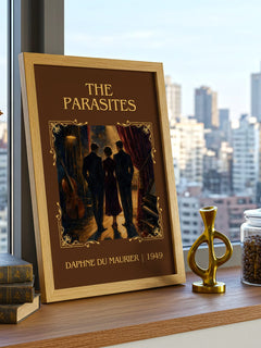 The Parasites Classic Book Art Print by Daphne du Maurier – framed print on a city-view windowsill