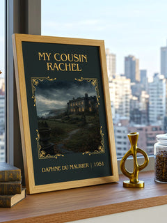 My Cousin Rachel Classic Book Art Print by Daphne du Maurier – framed print on a city-view windowsill