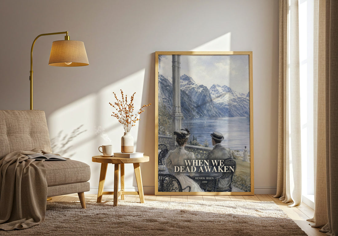 When We Dead Awaken watercolour print in frame leaning in hallway – classic literature wall art (mockup)