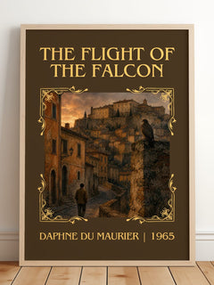 The Flight of the Falcon Classic Book Art Print by Daphne du Maurier – framed print leaning on a wooden floor