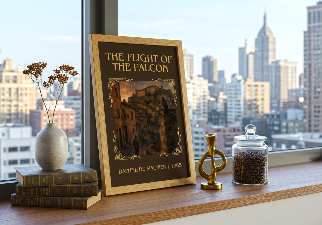 The Flight of the Falcon Classic Book Art Print by Daphne du Maurier – framed print on a city-view windowsill