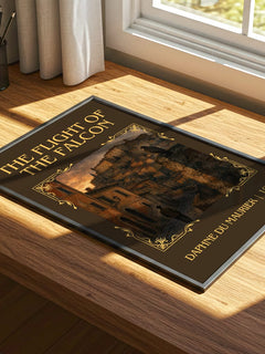 The Flight of the Falcon Classic Book Art Print by Daphne du Maurier – print on a sunlit desk