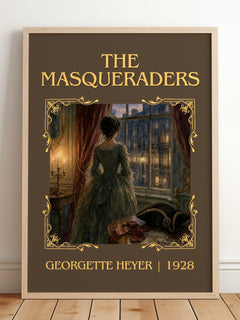 The Masqueraders Classic Book Art Print by Georgette Heyer – framed print leaning on a wooden floor