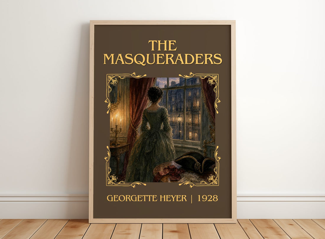 The Masqueraders Classic Book Art Print by Georgette Heyer – framed print leaning on a wooden floor