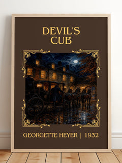 Devil's Cub Classic Book Art Print by Georgette Heyer – framed print leaning on a wooden floor