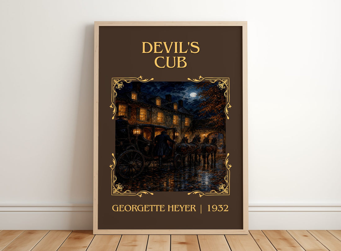 Devil's Cub Classic Book Art Print by Georgette Heyer – framed print leaning on a wooden floor