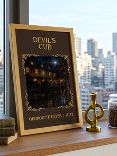 Devil's Cub Classic Book Art Print by Georgette Heyer – framed print on a city-view windowsill