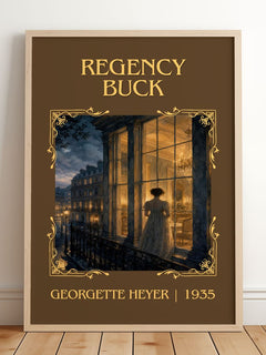 Regency Buck Classic Book Art Print by Georgette Heyer – framed print leaning on a wooden floor