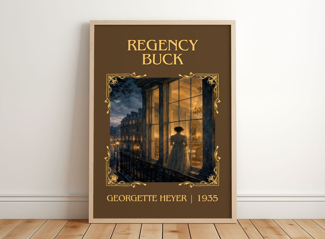 Regency Buck Classic Book Art Print by Georgette Heyer – framed print leaning on a wooden floor