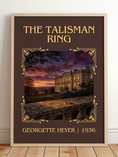 The Talisman Ring Classic Book Art Print by Georgette Heyer – framed print leaning on a wooden floor