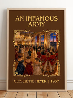 An Infamous Army Classic Book Art Print by Georgette Heyer – framed print leaning on a wooden floor