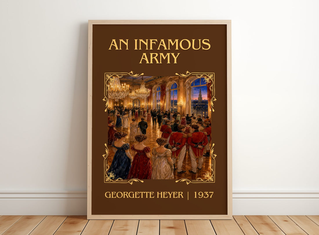 An Infamous Army Classic Book Art Print by Georgette Heyer – framed print leaning on a wooden floor