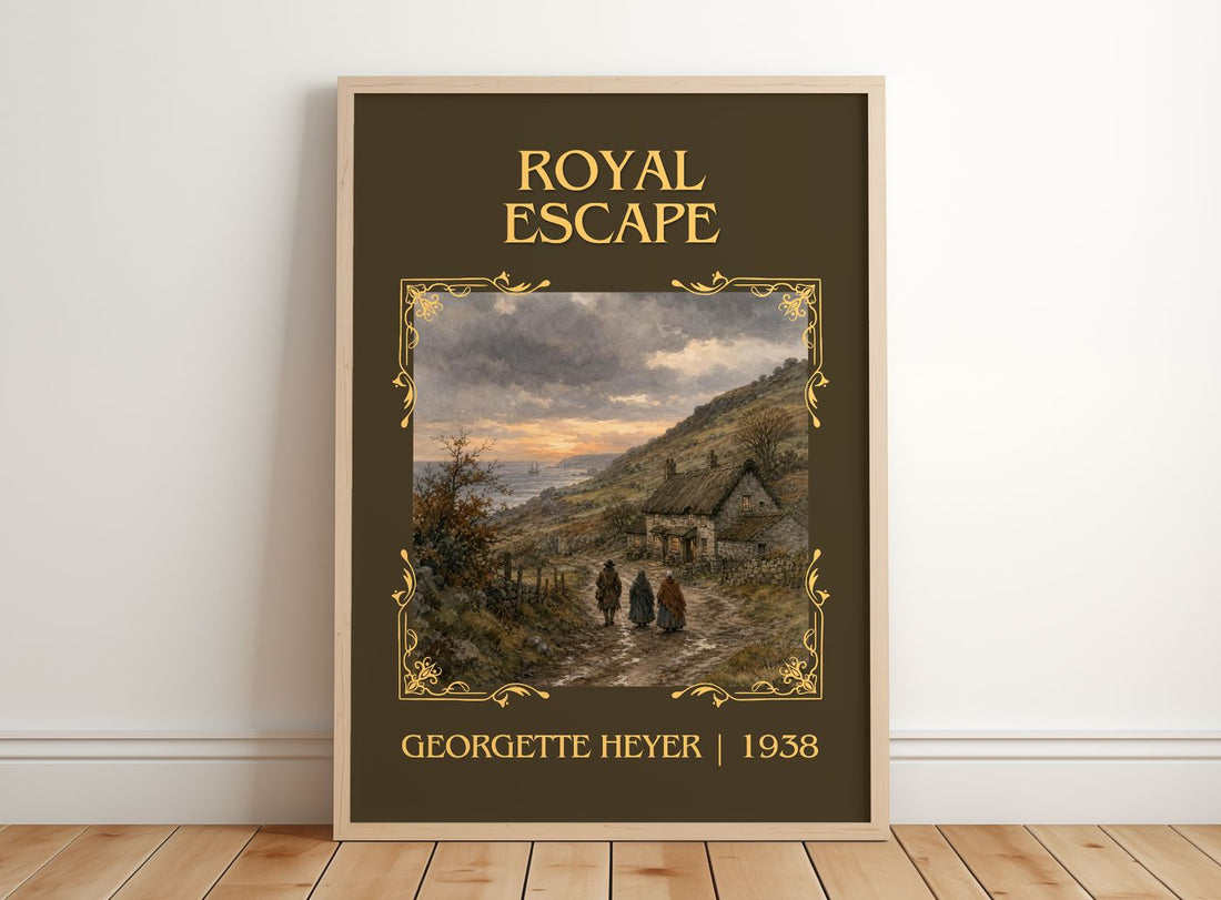 Royal Escape Classic Book Art Print by Georgette Heyer – framed print leaning on a wooden floor