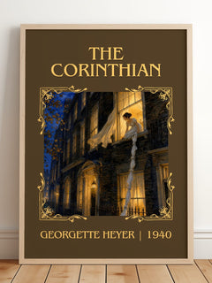The Corinthian Classic Book Art Print by Georgette Heyer – framed print leaning on a wooden floor