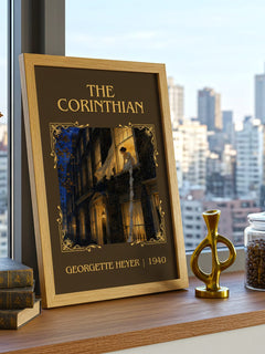 The Corinthian Classic Book Art Print by Georgette Heyer – framed print on a city-view windowsill