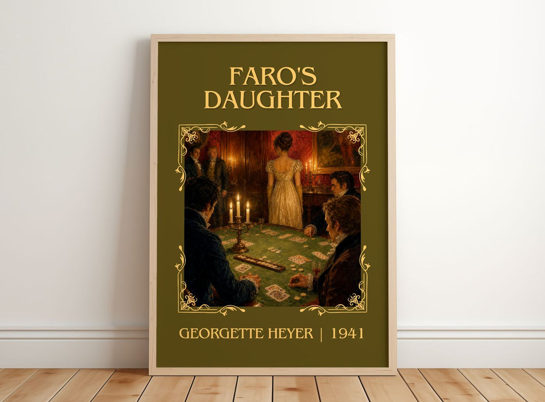 Faro's Daughter Classic Book Art Print by Georgette Heyer – framed print leaning on a wooden floor