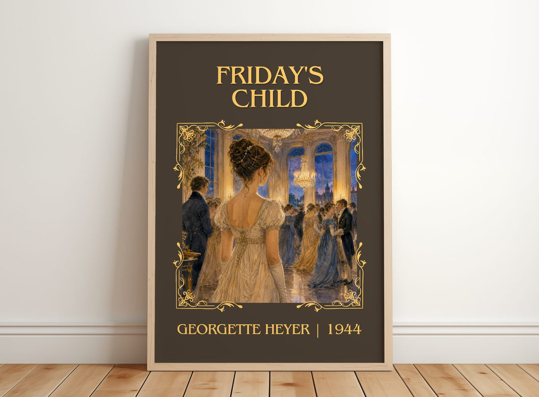 Friday's Child Classic Book Art Print by Georgette Heyer – framed print leaning on a wooden floor