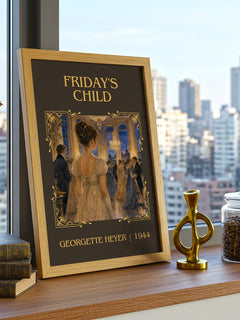 Friday's Child Classic Book Art Print by Georgette Heyer – framed print on a city-view windowsill