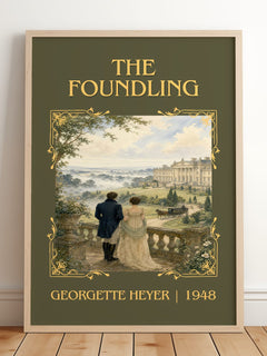 The Foundling Classic Book Art Print by Georgette Heyer – framed print leaning on a wooden floor
