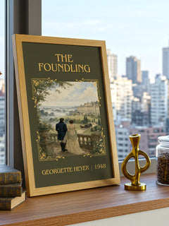 The Foundling Classic Book Art Print by Georgette Heyer – framed print on a city-view windowsill