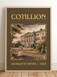 Cotillion Classic Book Art Print by Georgette Heyer – framed print leaning on a wooden floor