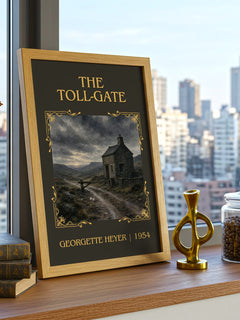 The Toll-Gate Classic Book Art Print by Georgette Heyer – framed print on a city-view windowsill