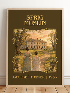 Sprig Muslin Classic Book Art Print by Georgette Heyer – framed print leaning on a wooden floor