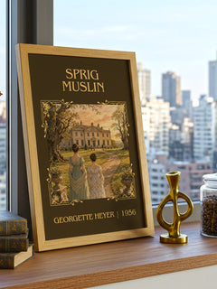 Sprig Muslin Classic Book Art Print by Georgette Heyer – framed print on a city-view windowsill