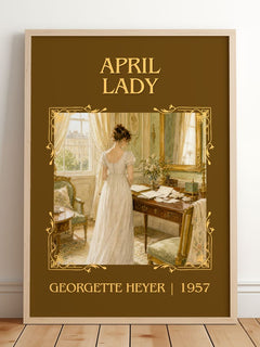 April Lady Classic Book Art Print by Georgette Heyer – framed print leaning on a wooden floor