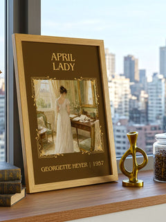 April Lady Classic Book Art Print by Georgette Heyer – framed print on a city-view windowsill