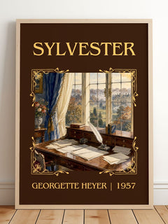 Sylvester Classic Book Art Print by Georgette Heyer – framed print leaning on a wooden floor