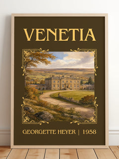 Venetia Classic Book Art Print by Georgette Heyer – framed print leaning on a wooden floor