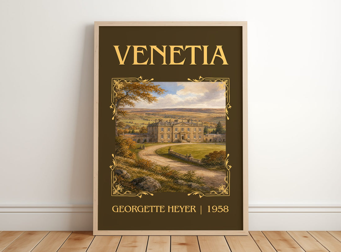 Venetia Classic Book Art Print by Georgette Heyer – framed print leaning on a wooden floor