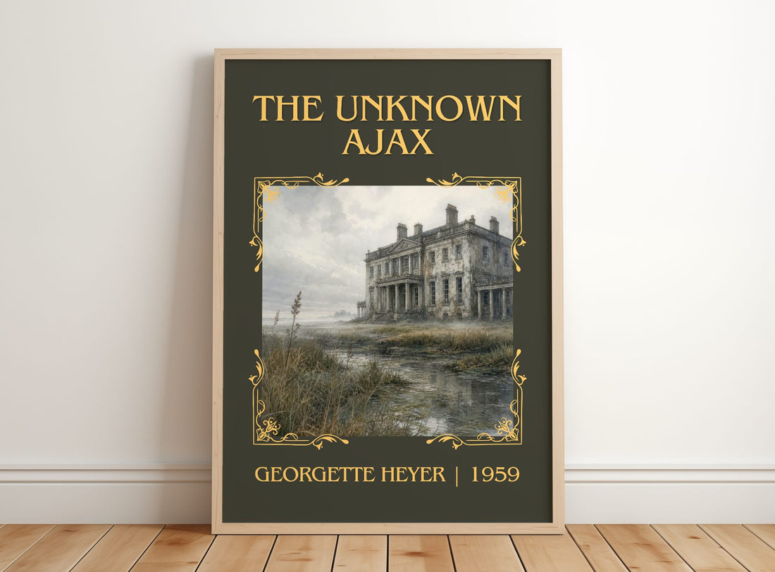 The Unknown Ajax Classic Book Art Print by Georgette Heyer – framed print leaning on a wooden floor