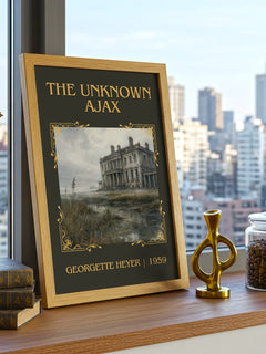 The Unknown Ajax Classic Book Art Print by Georgette Heyer – framed print on a city-view windowsill