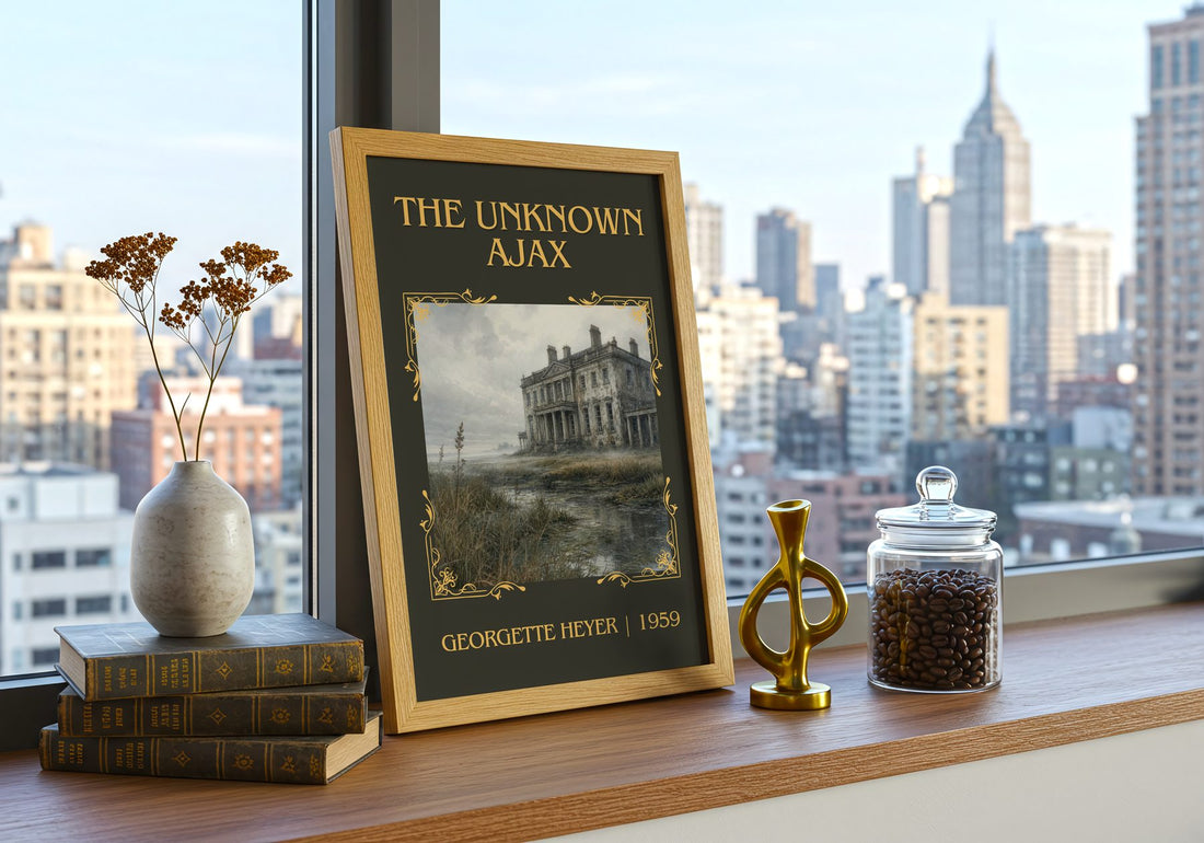 The Unknown Ajax Classic Book Art Print by Georgette Heyer – framed print on a city-view windowsill