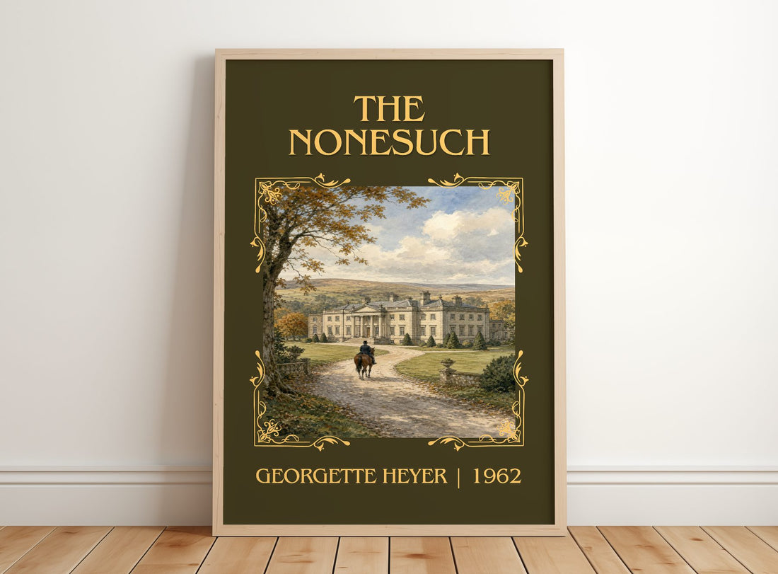 The Nonesuch Classic Book Art Print by Georgette Heyer – framed print leaning on a wooden floor
