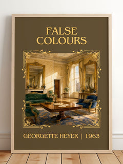 False Colours Classic Book Art Print by Georgette Heyer – framed print leaning on a wooden floor