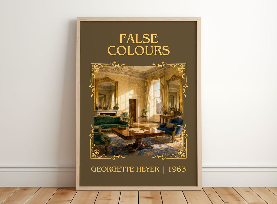 False Colours Classic Book Art Print by Georgette Heyer – framed print leaning on a wooden floor