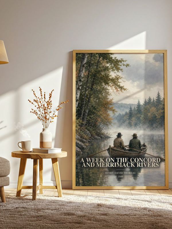 A Week On The Concord And Merrimack Rivers watercolour print in frame leaning in hallway – non fiction wall art