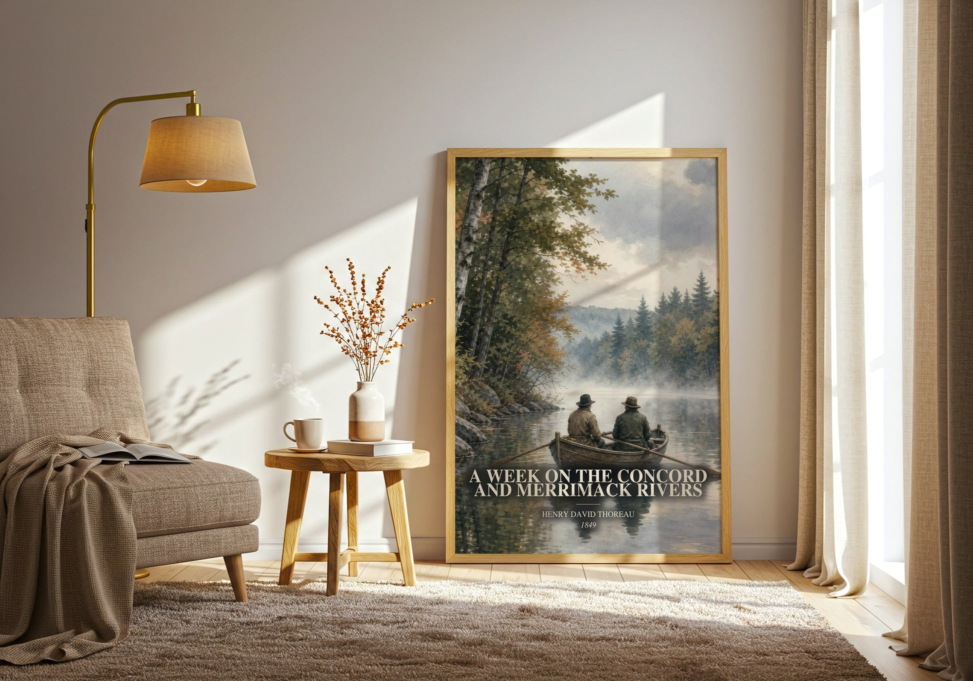A Week On The Concord And Merrimack Rivers watercolour print in frame leaning in hallway – non fiction wall art