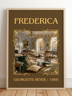 Frederica Classic Book Art Print by Georgette Heyer – framed print leaning on a wooden floor