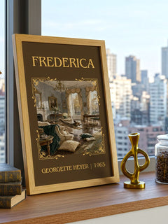 Frederica Classic Book Art Print by Georgette Heyer – framed print on a city-view windowsill