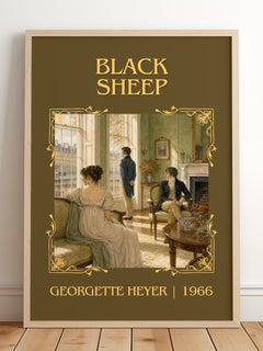 Black Sheep Classic Book Art Print by Georgette Heyer – framed print leaning on a wooden floor