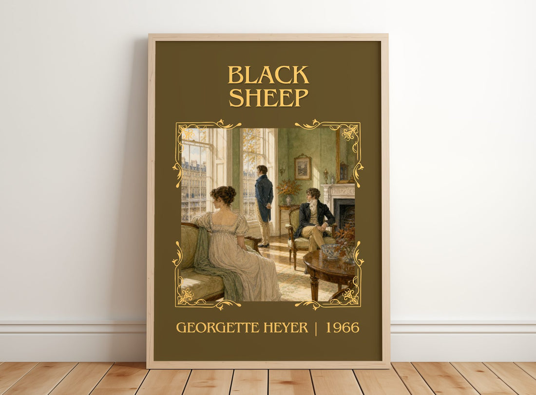 Black Sheep Classic Book Art Print by Georgette Heyer – framed print leaning on a wooden floor