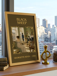 Black Sheep Classic Book Art Print by Georgette Heyer – framed print on a city-view windowsill