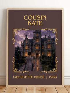 Cousin Kate Classic Book Art Print by Georgette Heyer – framed print leaning on a wooden floor