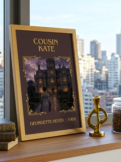 Cousin Kate Classic Book Art Print by Georgette Heyer – framed print on a city-view windowsill
