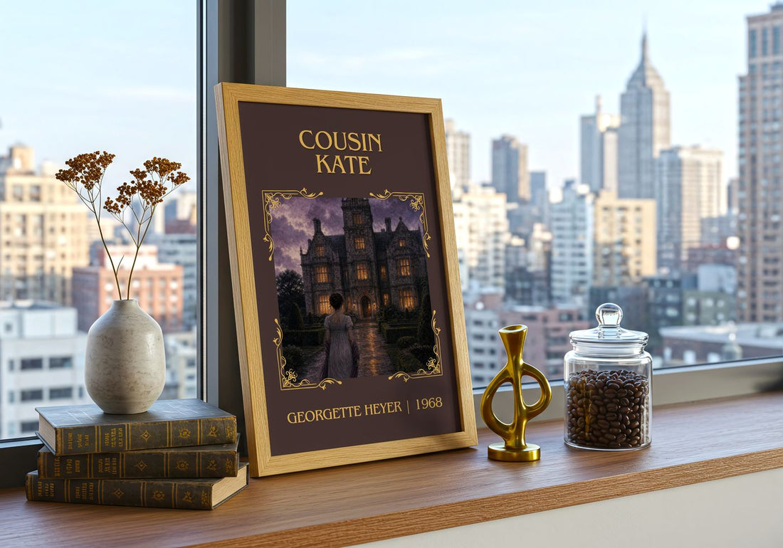 Cousin Kate Classic Book Art Print by Georgette Heyer – framed print on a city-view windowsill