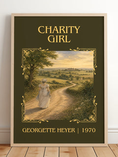Charity Girl Classic Book Art Print by Georgette Heyer – framed print leaning on a wooden floor